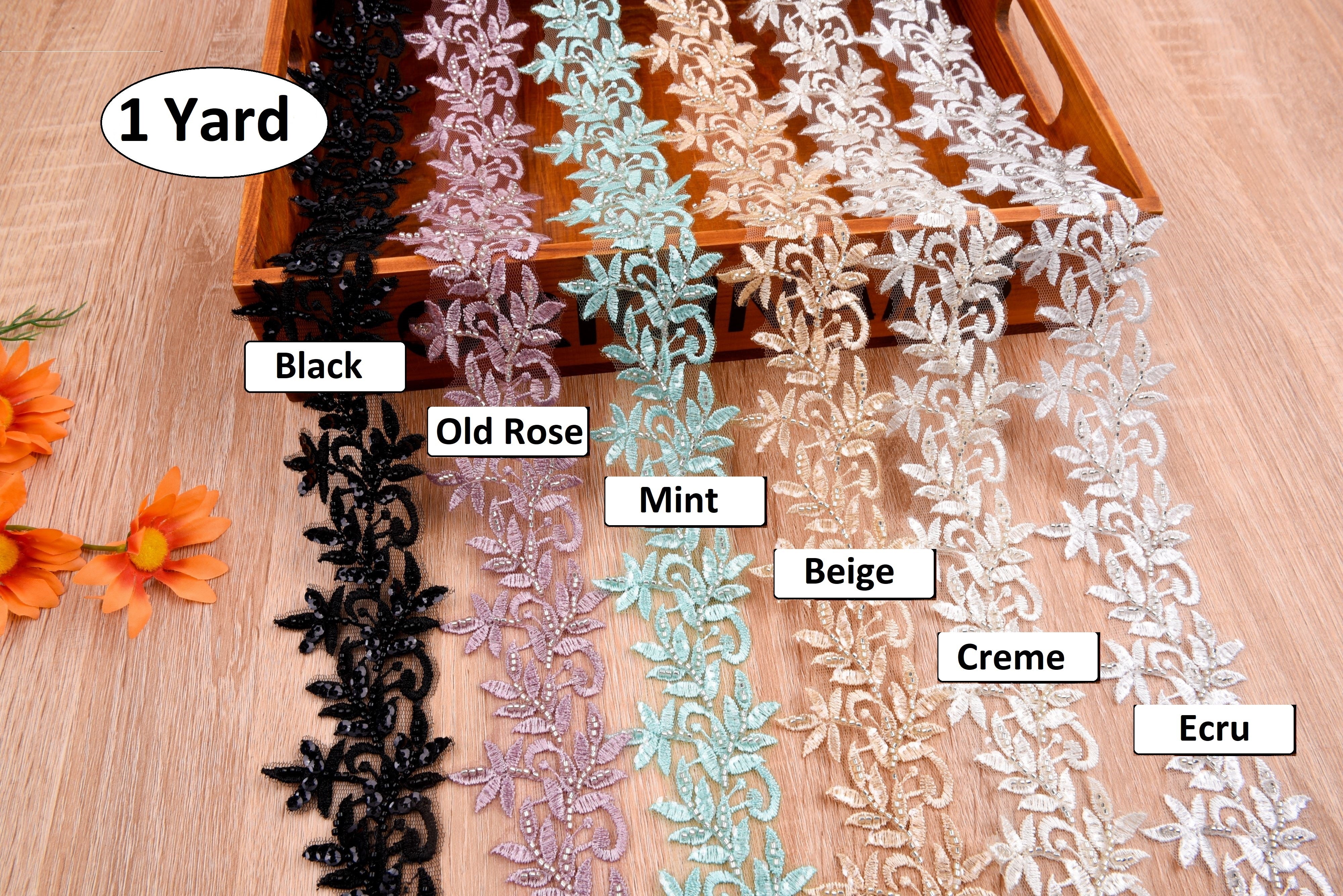 Floral Border Crochet Lace Trim with Handwork Beads Floral Border Crochet Lace Trim with Handwork Beads