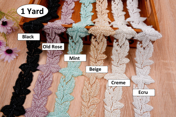 Flowers Border Crochet Lace Trim with Handwork Beads - GK- 69 - Gkstitches