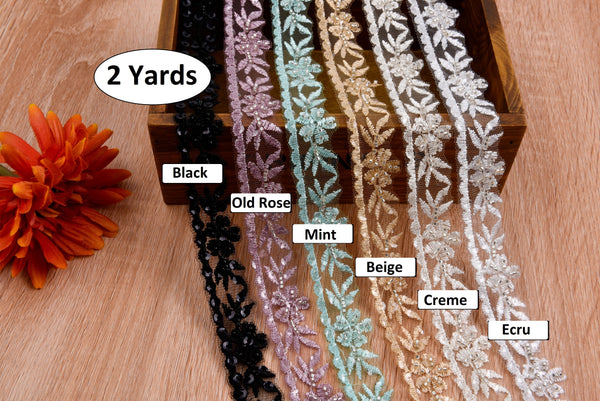 Flowers Border Crochet Lace Trim with Handwork Beads - GK- 71 - Gkstitches