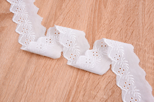 Cotton Lace trim( 2 Yards Pack ) , lace-bordered cotton batiste/voile, Broderie Anglaise Embroidery scalloped flower - Gkstitches