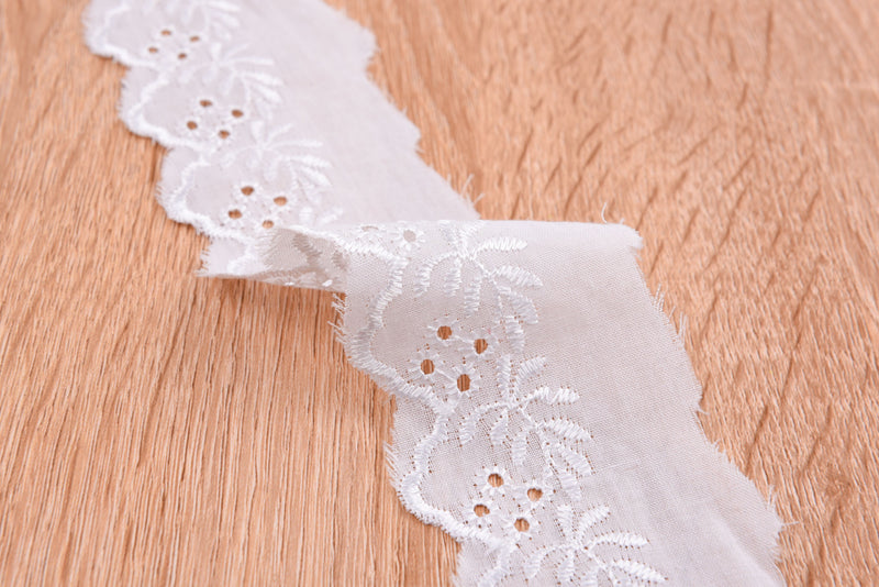 Cotton Lace trim( 2 Yards Pack ) , lace-bordered cotton batiste/voile, Broderie Anglaise Embroidery scalloped flower - Gkstitches