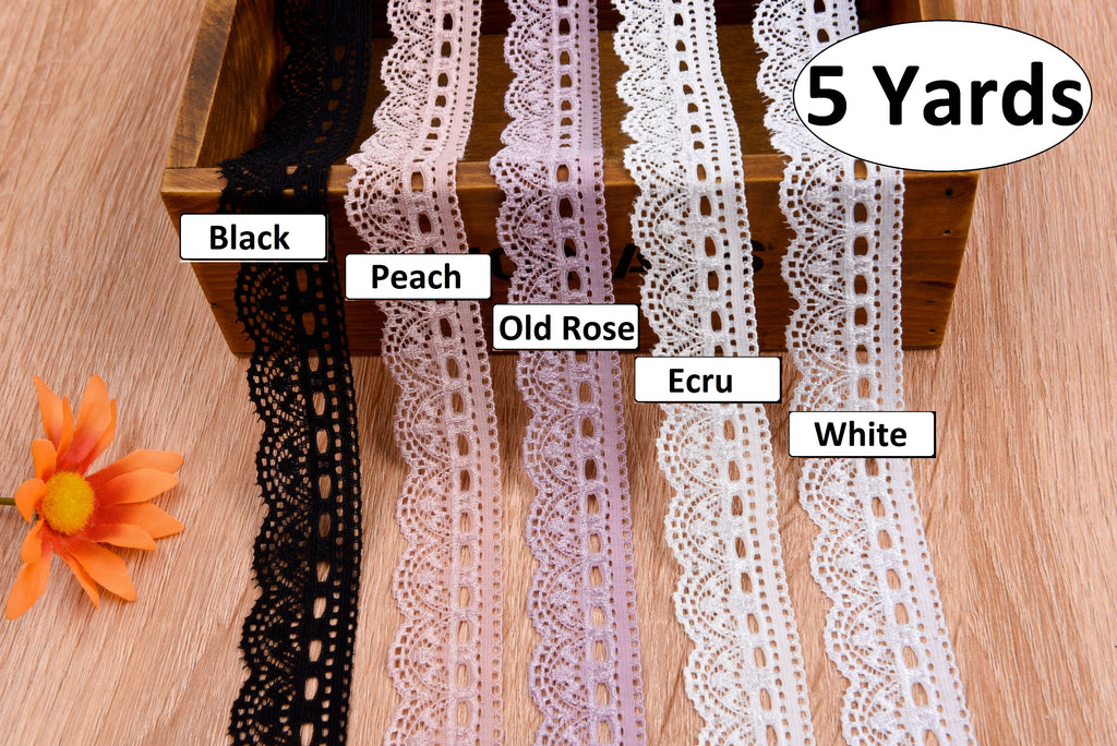 Pretty White With Peach Gathered Lace Ribbon Slot Trim 5 Cm/2.5 by the Lace  Co. 